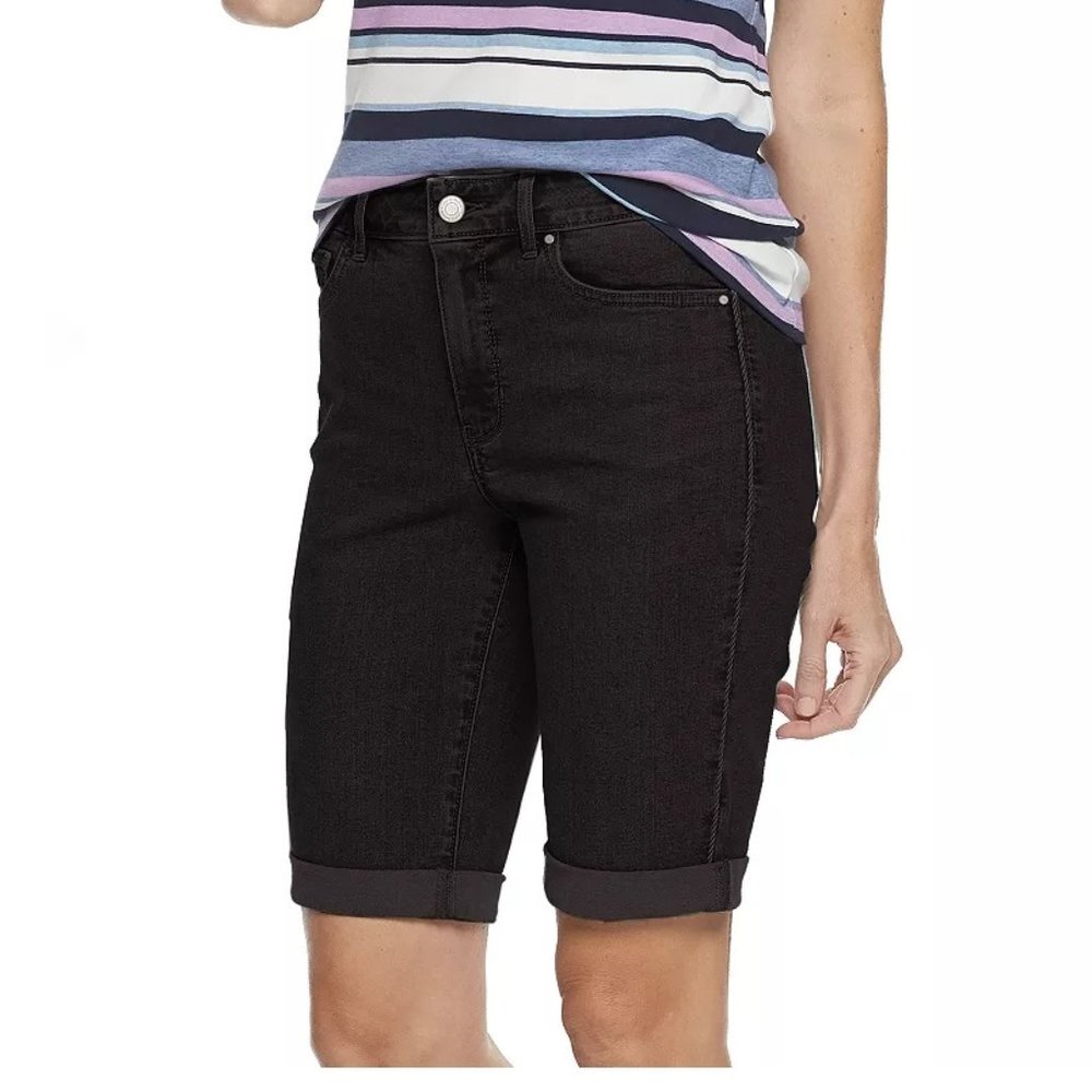 Women's Black Denim Jean Shorts Croft & Barrow® Cuffed Bermuda NWT $30